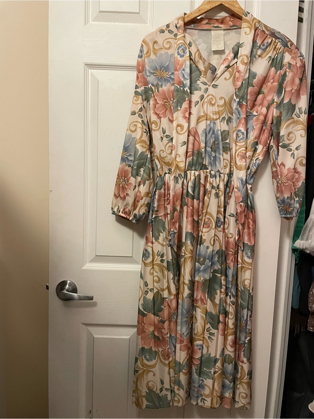Cream Floral Midi Dress with Pink & Blue Blooms